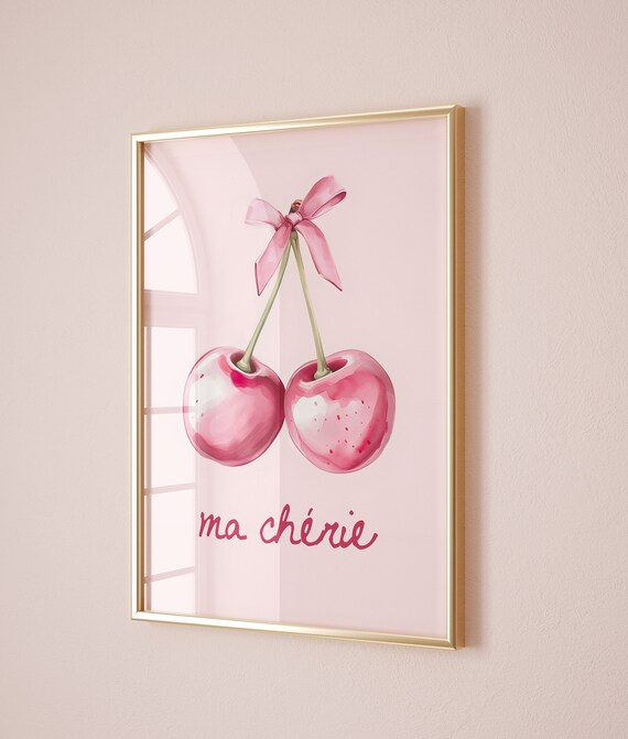 Ma Cherie Pink Cherries Watercolor Coquette Preppy Wall Poster