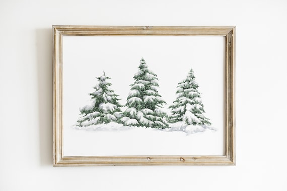 Snowy Christmas Pine Trees Watercolor Winter Holiday Art Poster