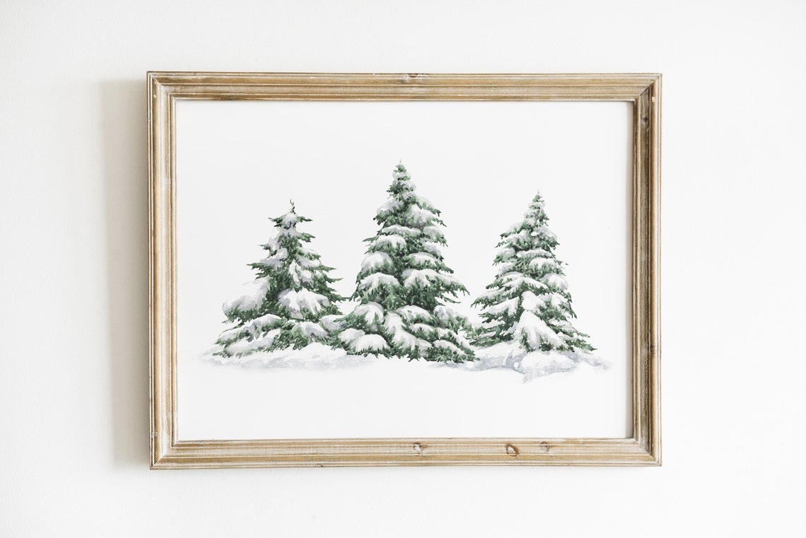 Snowy Christmas Pine Trees Watercolor Winter Holiday Art Poster