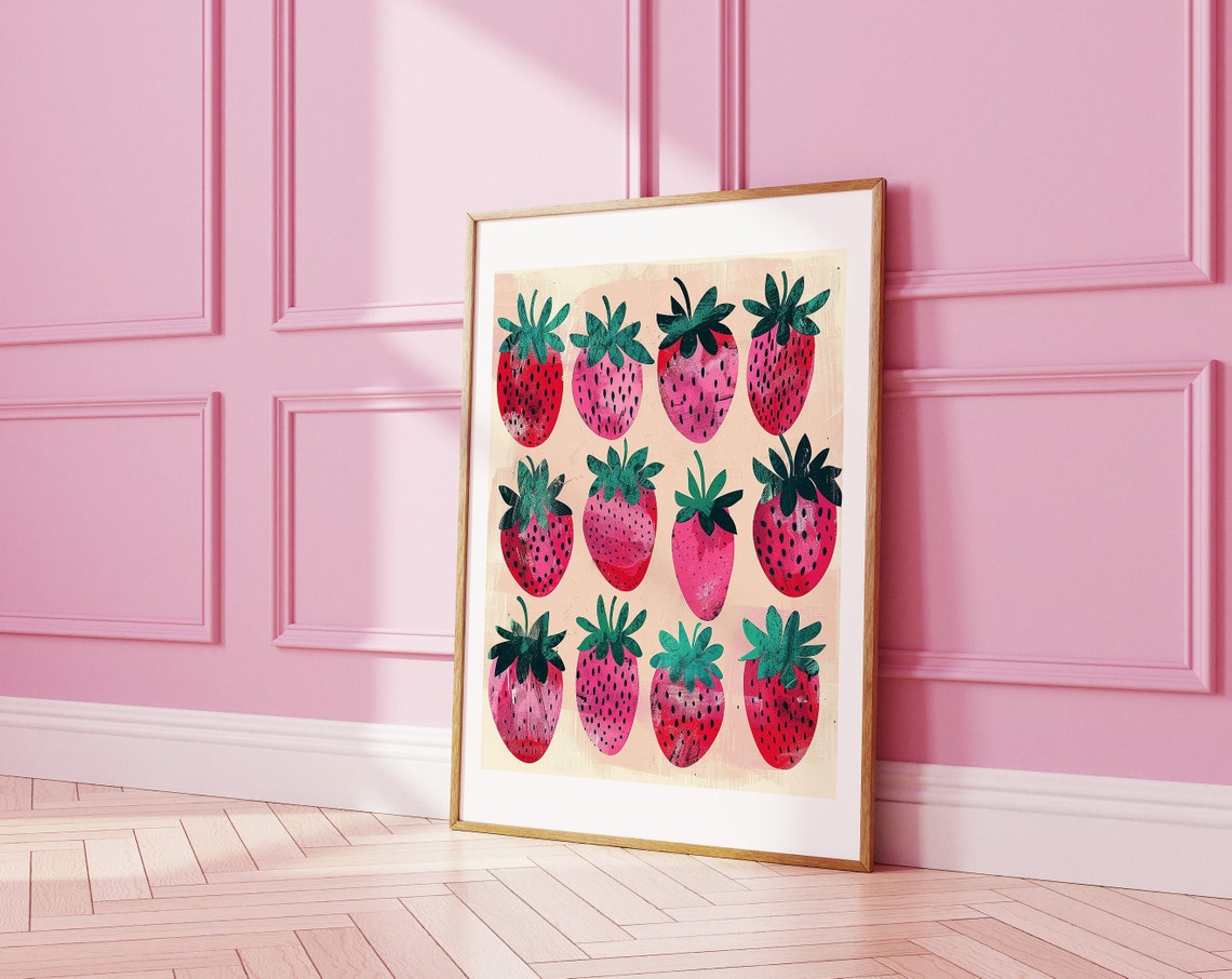 Twelve Pink Strawberry Pattern Trendy Kitchen Fruit Art Poster - Image 2