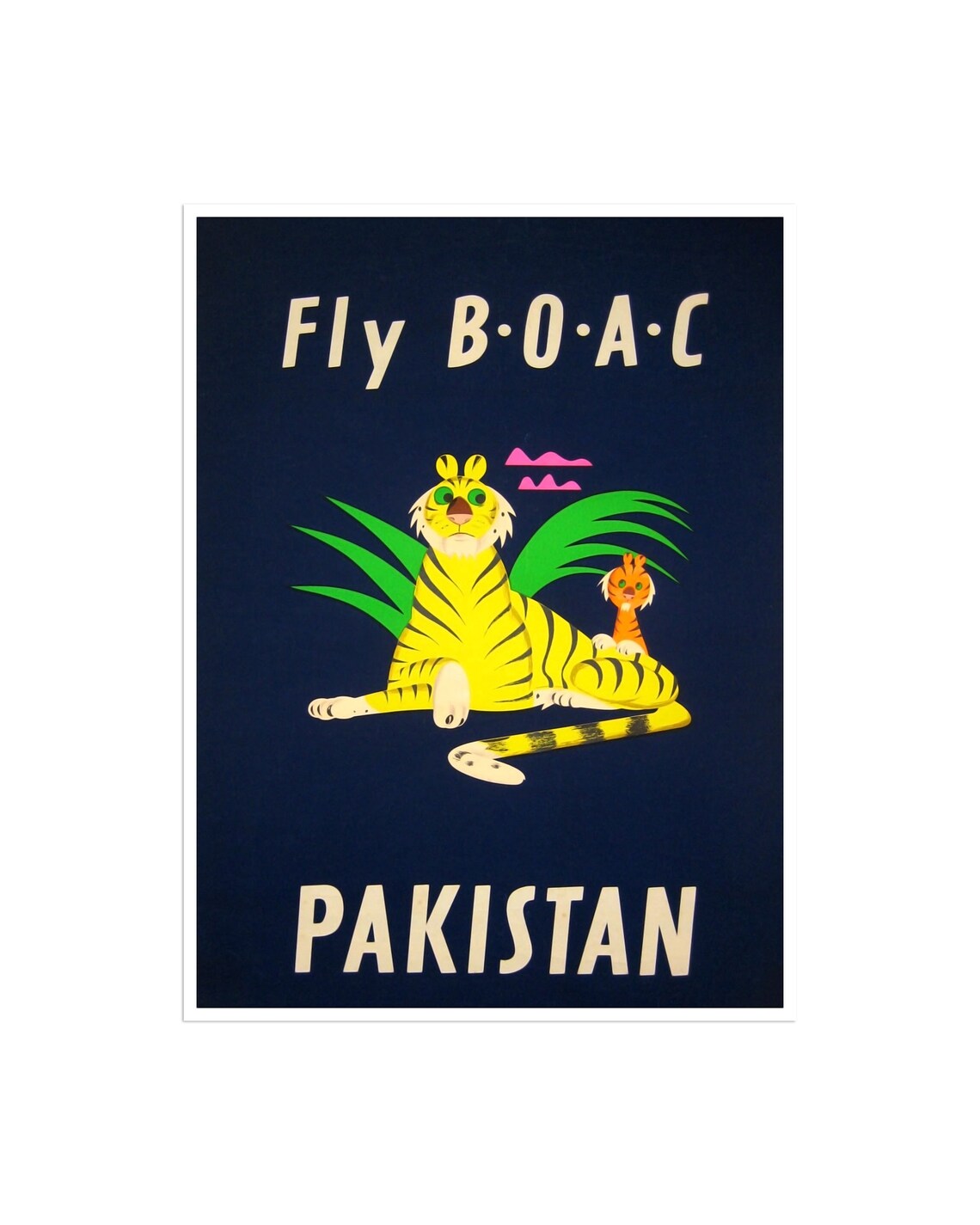 Fly BOAC Pakistan Vintage Airline Poster with Yellow Tiger and Cub
