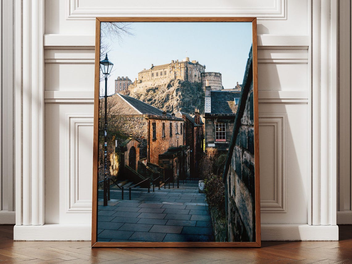 Edinburgh Castle Above Old Town Steps Golden Light Travel Poster