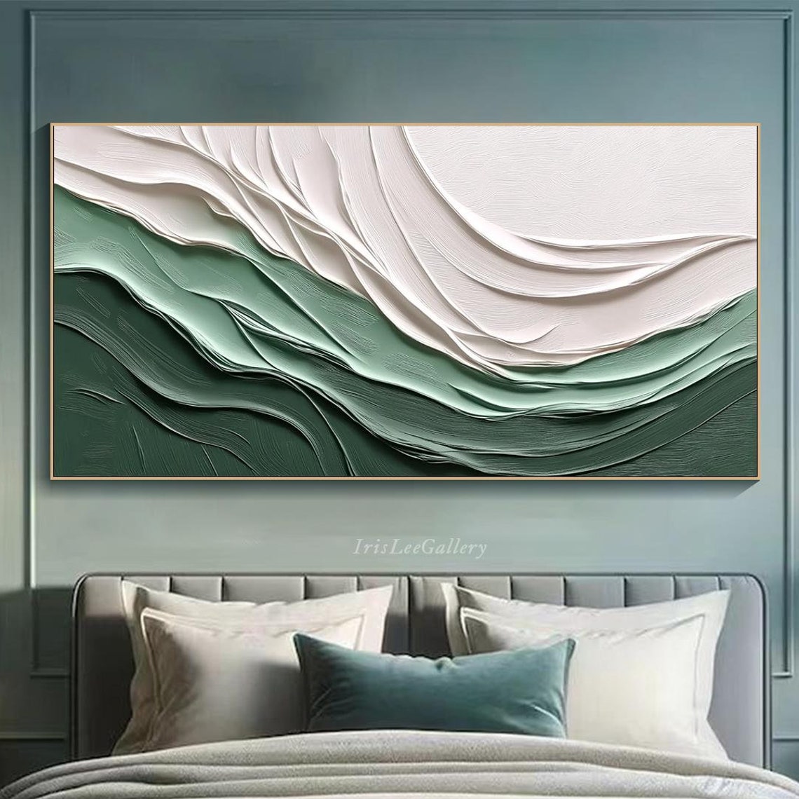 Sage Green White Wavy Abstract 3D Textured Wabi Sabi Wall Art
