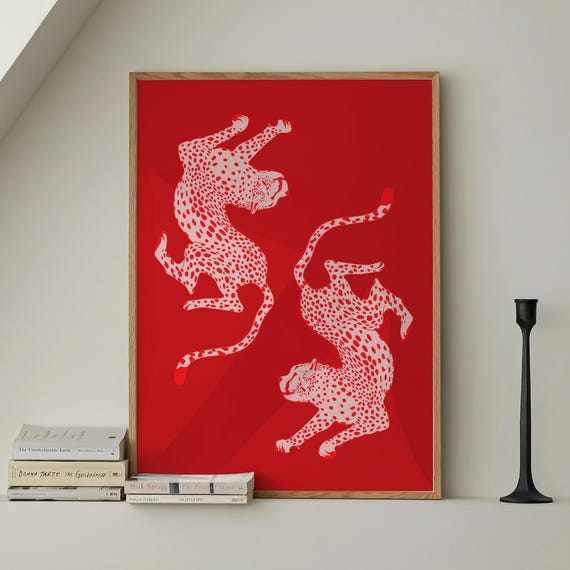 Red Cheetah Animal Print Trendy Wall Art Leopard Poster Preppy Dorm Decor Apartment Maximalist Retro Y2k