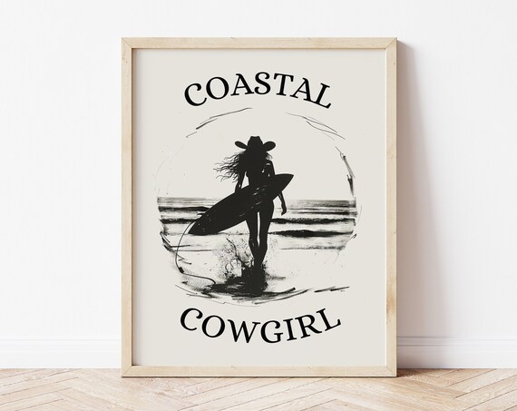 Coastal Cowgirl Bold Surfer Silhouette Beach Western Art Poster
