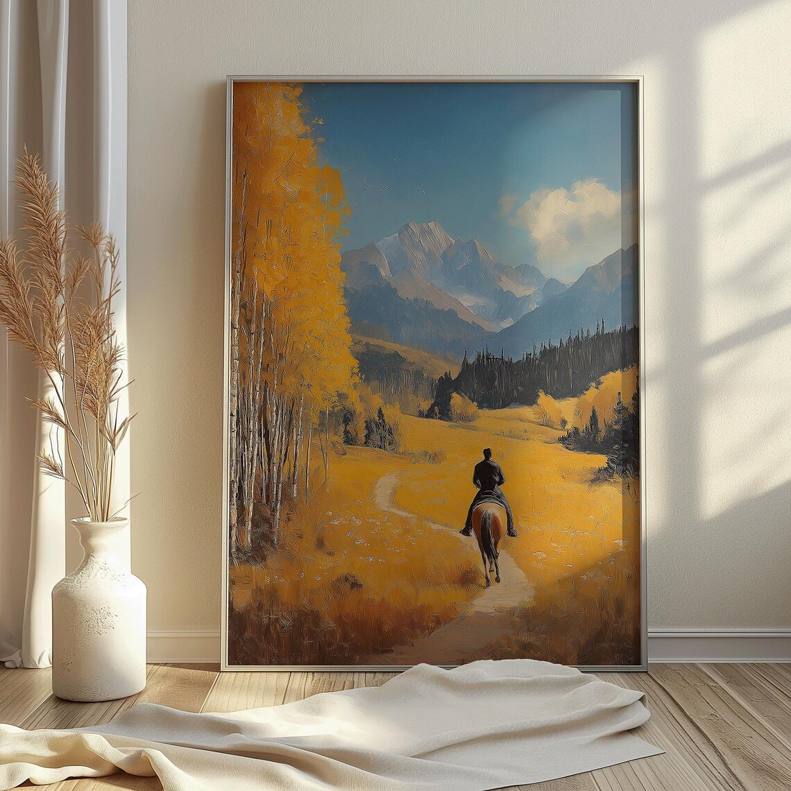 Horseback Rider in Golden Autumn Mountain Landscape Art Print