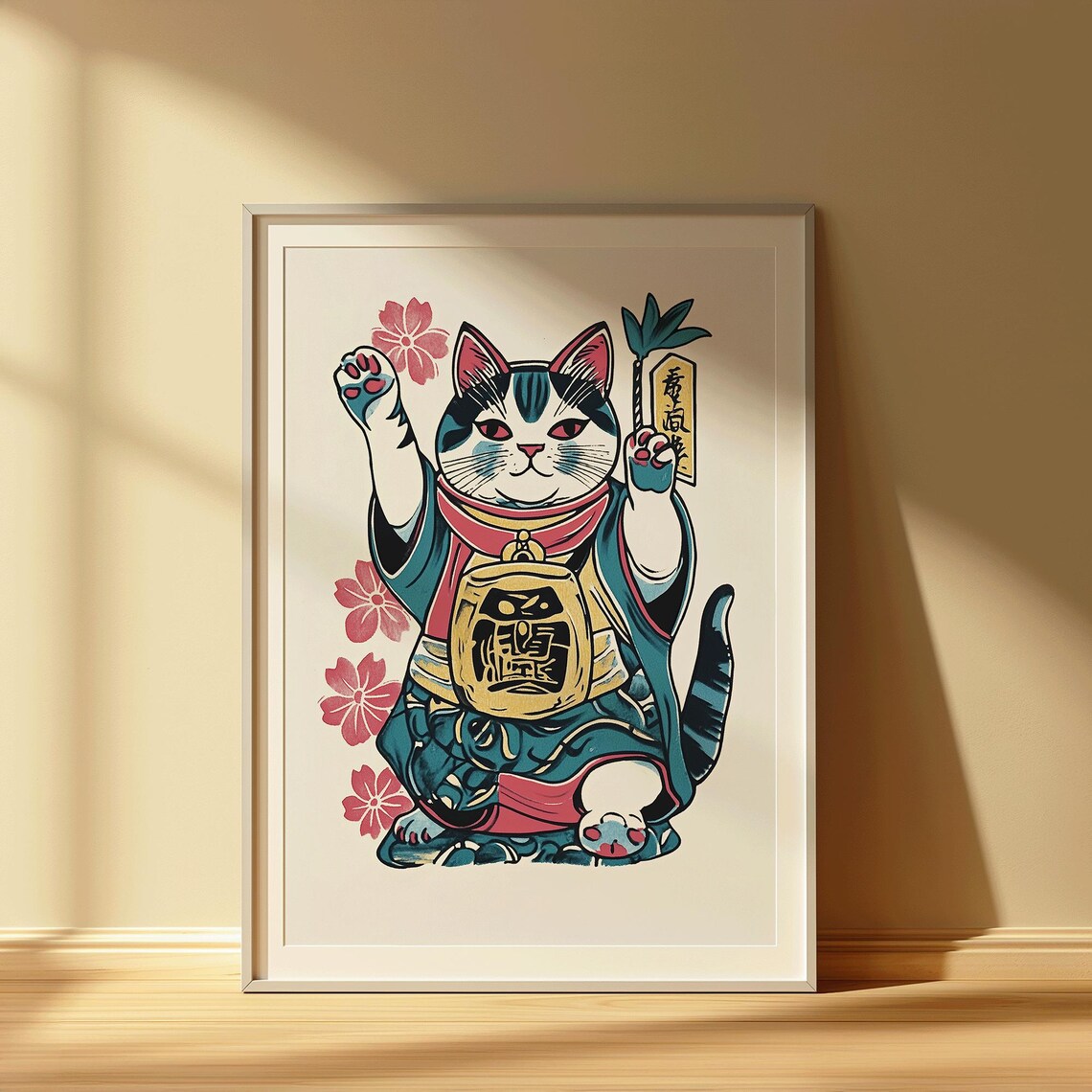 Maneki Neko Lucky Cat Japanese Fortune Charm Illustration Poster