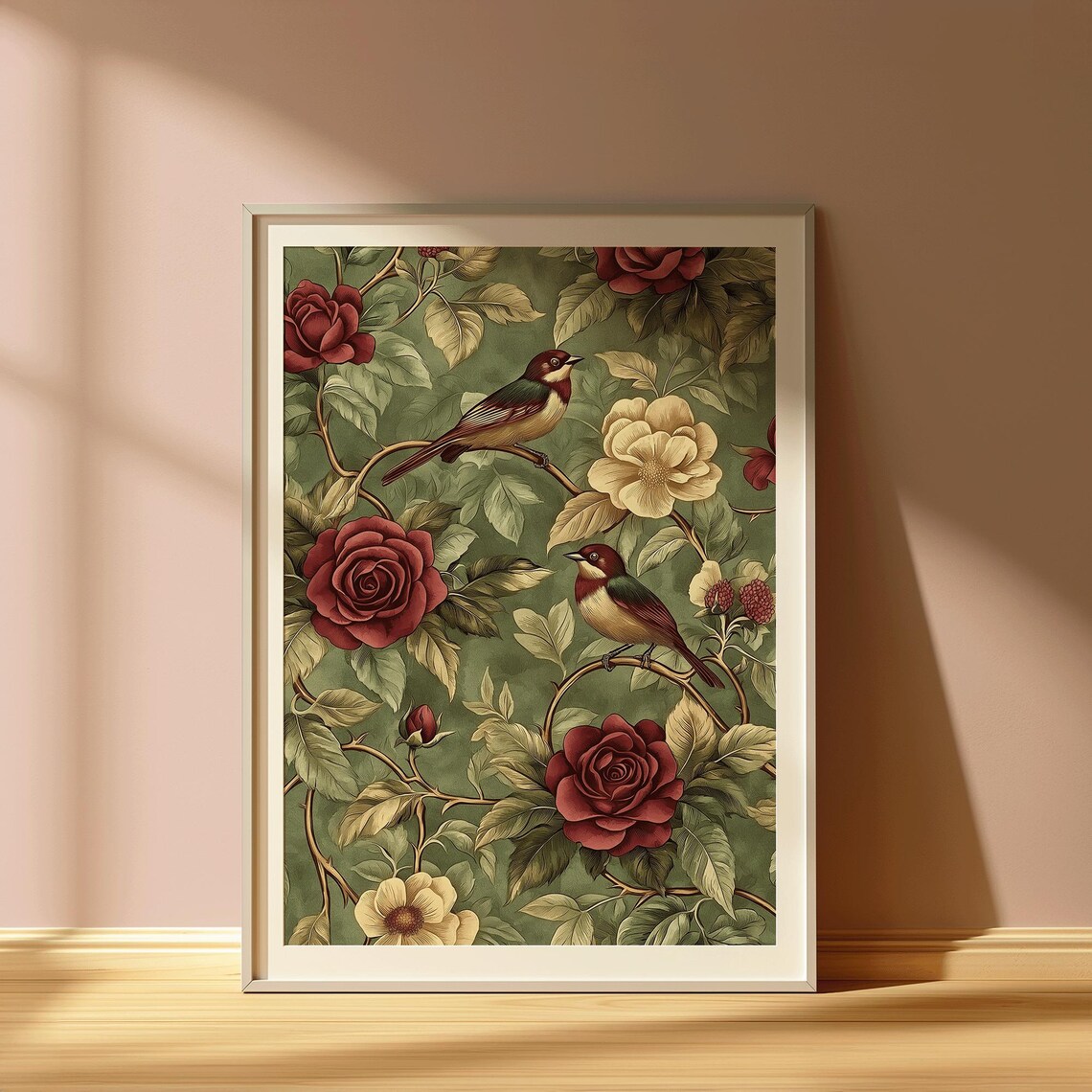Vintage Red Roses Songbirds Botanical Illustration Elegant Nature Art Poster