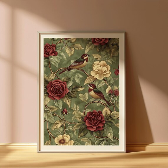 Vintage Botanical Bird Art Print Red Rose Songbird Wall Decor Elegant Nature Illustration Poster Edens Melody