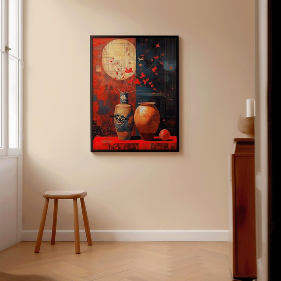 Oriental Vase And Blossom Print Red Gold Wall Art Minimalist Zen Home Decor With Asian Influence Vermilion Harmony