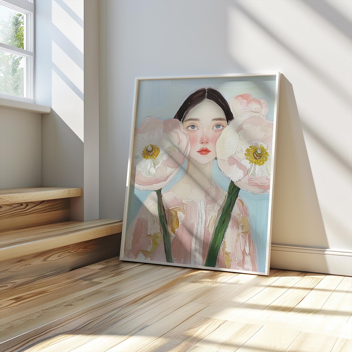 Girl With Peonies Soft Floral Portrait Pastel Feminine Painting Art Poster