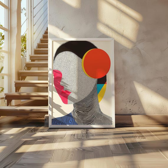 Surreal Female Portrait With Geometric Sun Abstract Pop Art Face Print Bold Modern Wall Decor Striking Colors Introspection