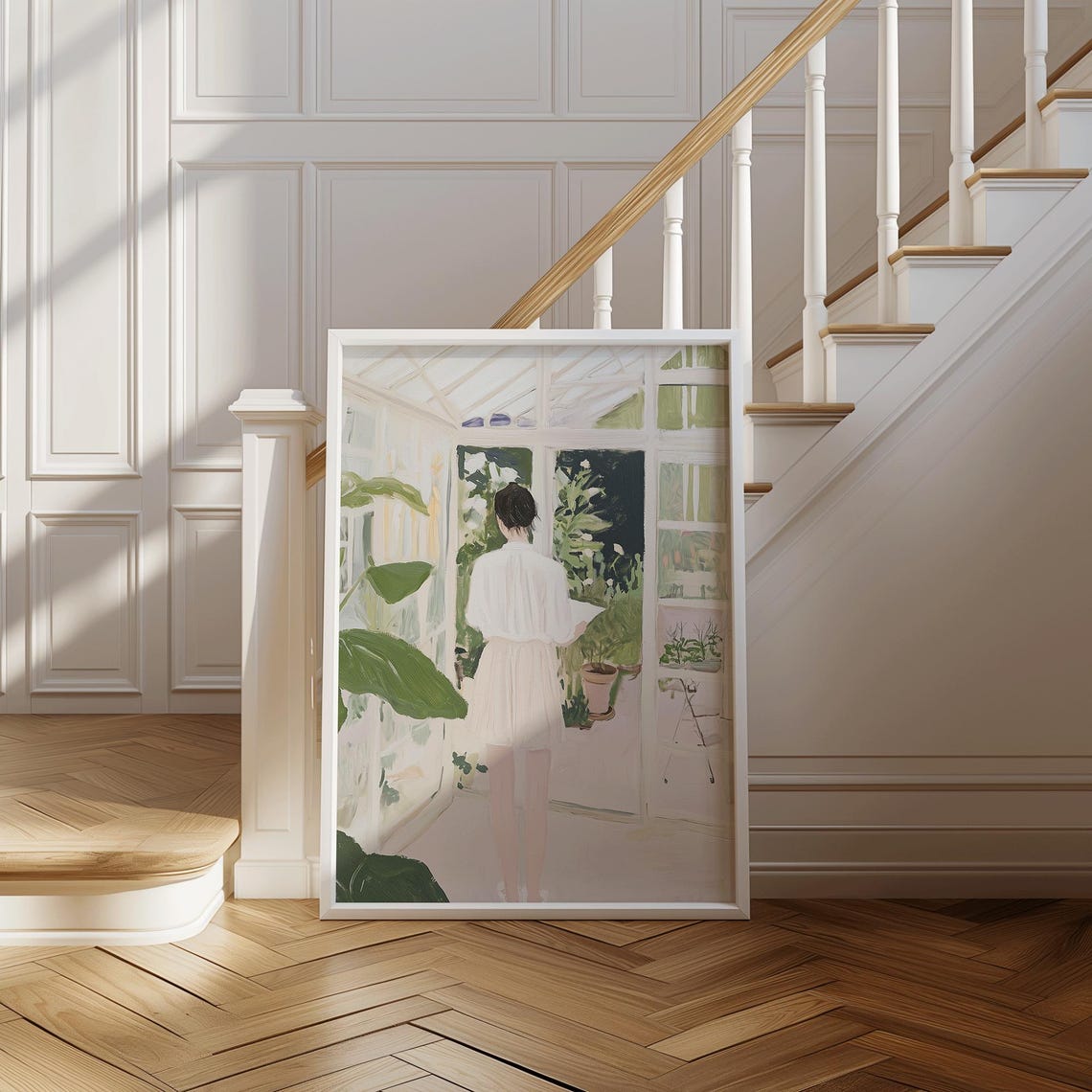 Girl in a Greenhouse Pastel Botanical Interior Nature Art Print