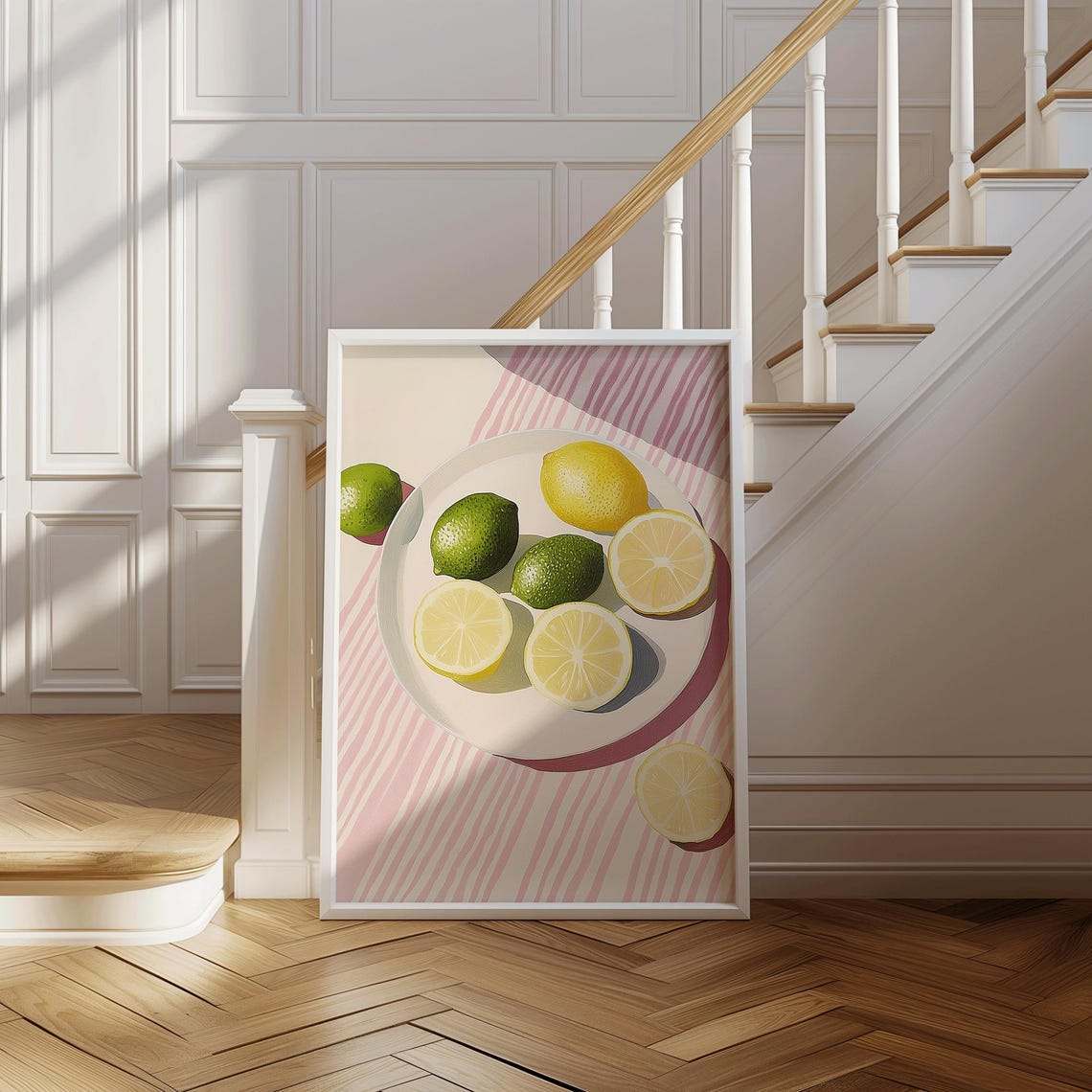 Lemon And Lime Print Citrus Kitchen Art Bright Fruit Illustration Pink Tablecloth Poster A Plate Of Sunshine