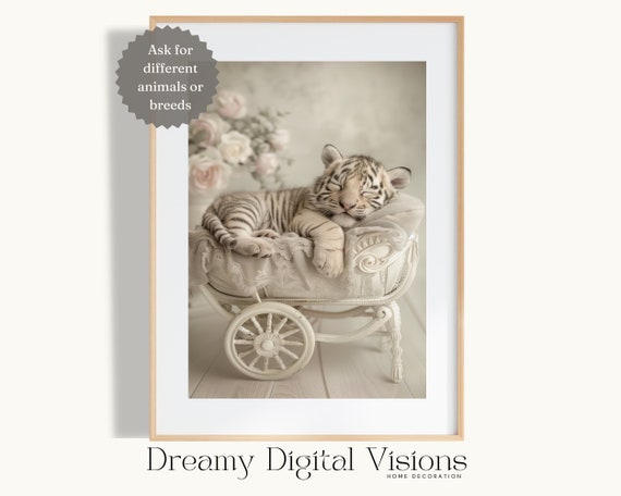 Adorable Tiger Cub Asleep In A Vintage Pram Nursery Print New Baby Gift Farmhouse Nursery Decor Cute Animal Print