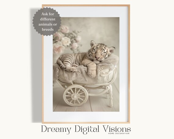 Baby Tiger Cub Sleeping on White Stroller Soft Rose Nursery Poster