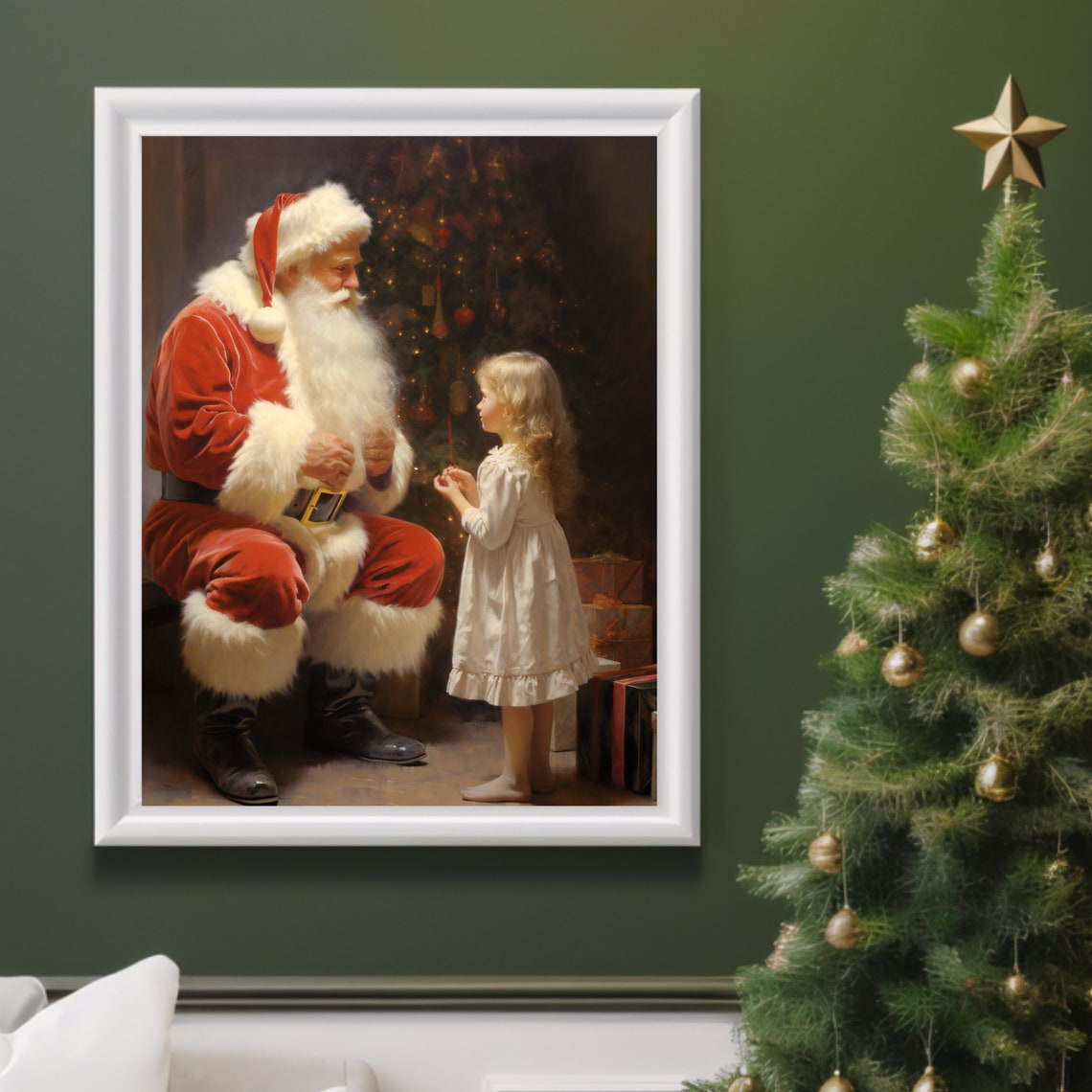 Father Christmas Meets Girl Father Christmas Print Seasonal Decor Vintage Winter Christmas Wall Art Father Christmas Wall Art - Image 3