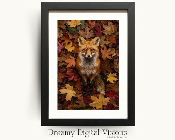 Red Fox In Autumn Leaves Poster Fall Woodland Animal Wildlife Photo Nature Decor