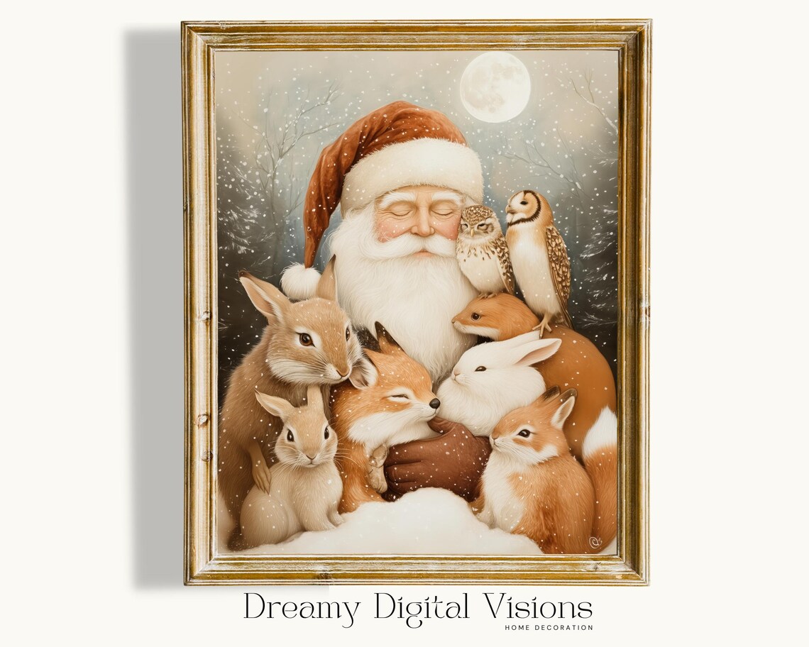 Santa Claus Cuddling Forest Animals in Moonlit Snow Christmas Poster
