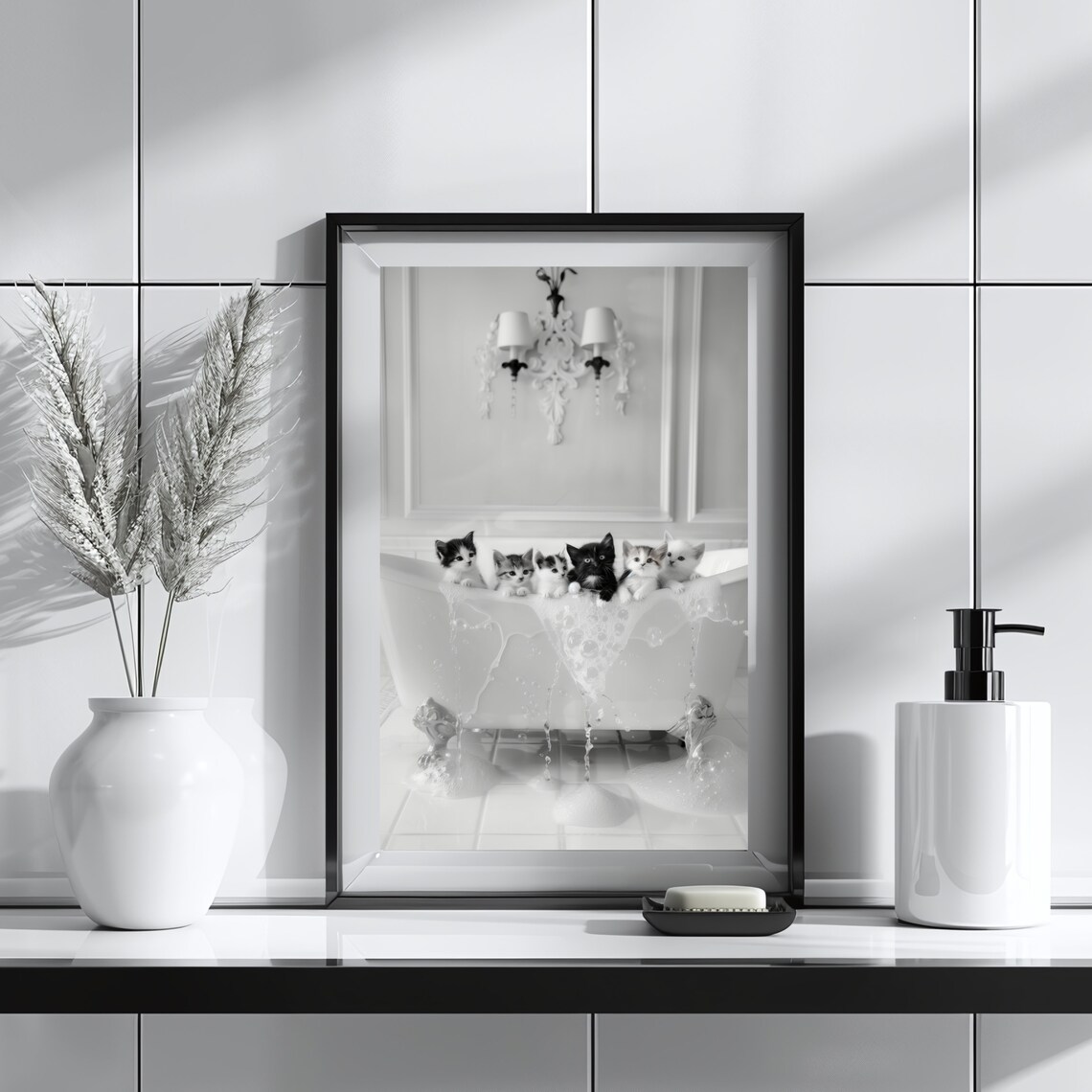 Five Kittens in Overflowing Bathtub Black and White Funny Bathroom Poster - Image 3