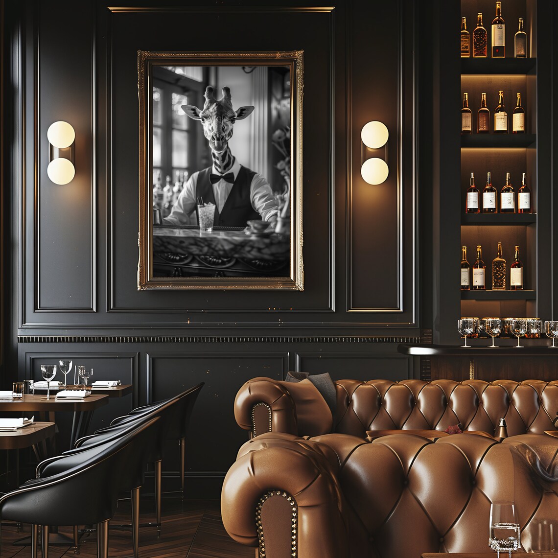 Giraffe Bartender Bar Poster Funny Black And White Animal Photo Home Wall Decor - Image 2
