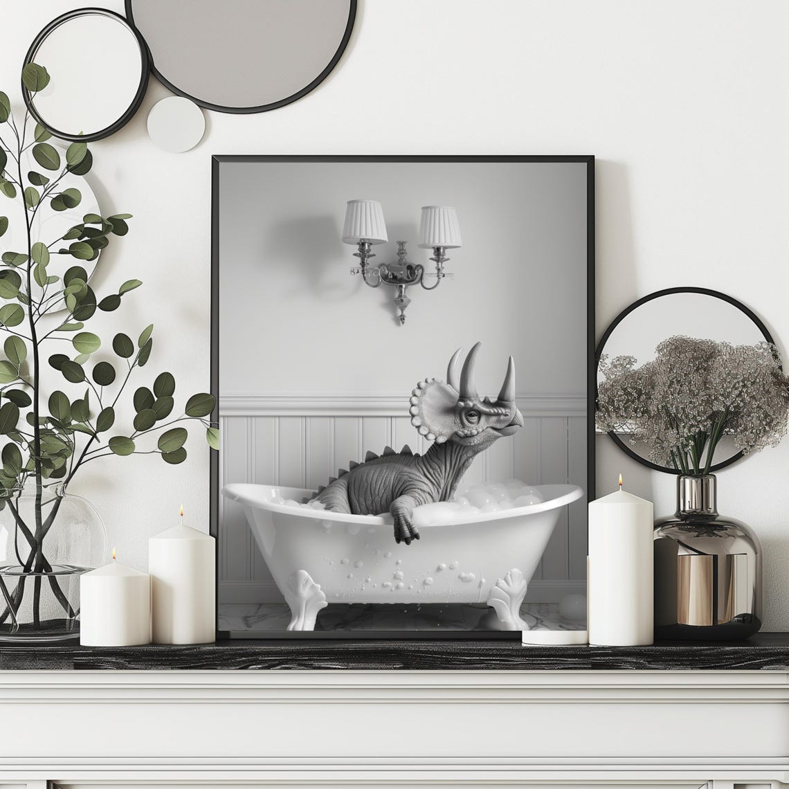 Triceratops Dinosaur Relaxing in Bubble Bath Funny Bathroom Poster - Image 2