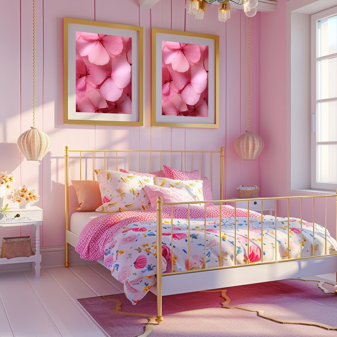 Soft Pink Hydrangea Flower Close Up Botanical Bedroom Art Print - Image 3