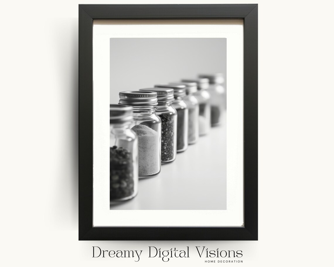 Kitchen Spice Jars Art Print, Black and White