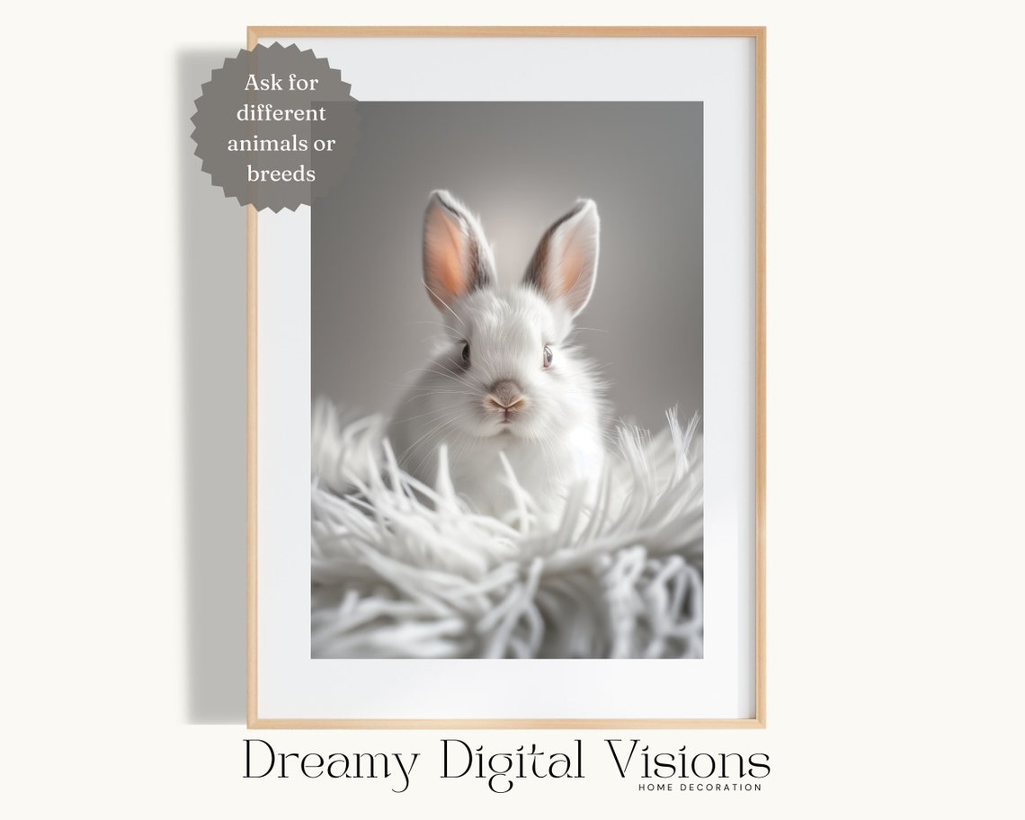 White Bunny Nursery Art Soft Neutral Cute Rabbit Wall Poster For Kids