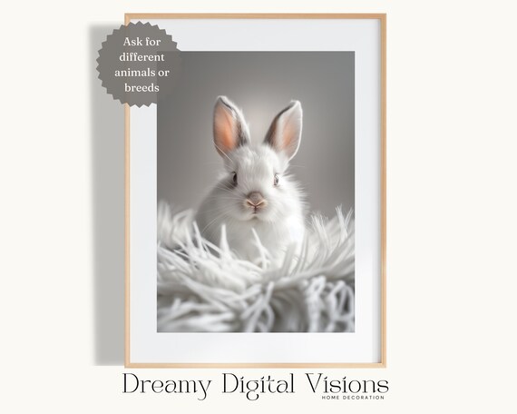 White Bunny Nursery Art Soft Neutral Cute Rabbit Wall Poster For Kids