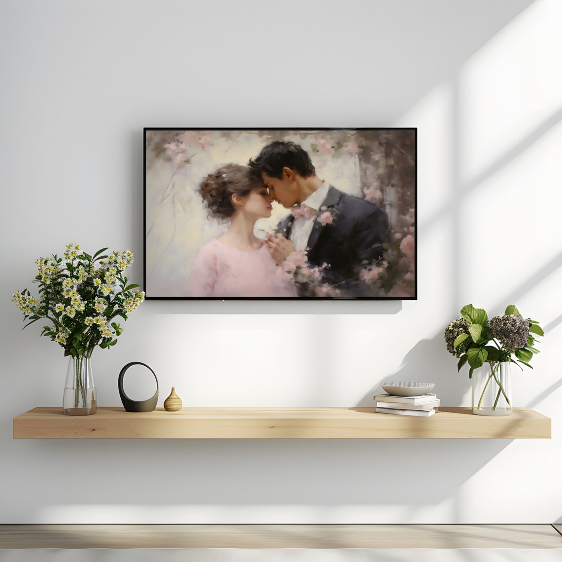 Romantic Newlywed Couple Embrace Soft Blush Floral Valentine Day Print - Image 3