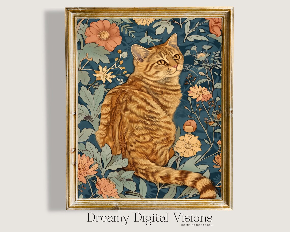 Ginger Cat Print, William Morris-Inspired Boho Floral
