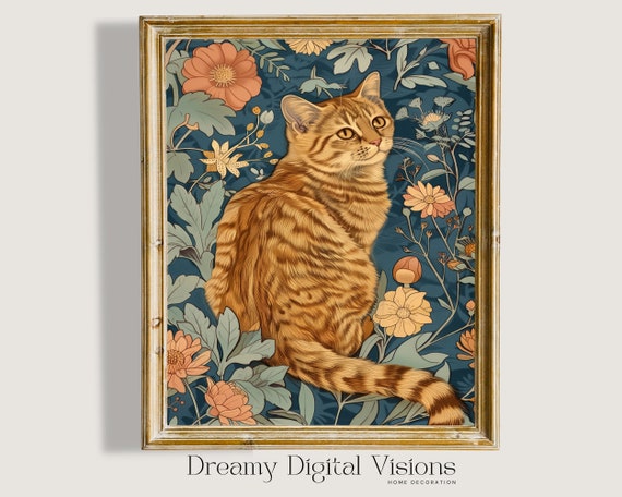 Ginger Cat Print, William Morris-Inspired Boho Floral
