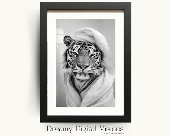 Tiger In Towel Turban Poster Funny Bathroom Black And White Animal Photo Decor