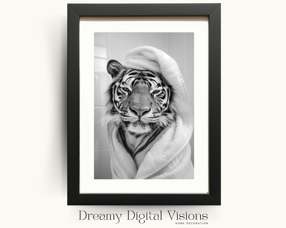 Tiger In Towel Turban Poster Funny Bathroom Black And White Animal Photo Decor