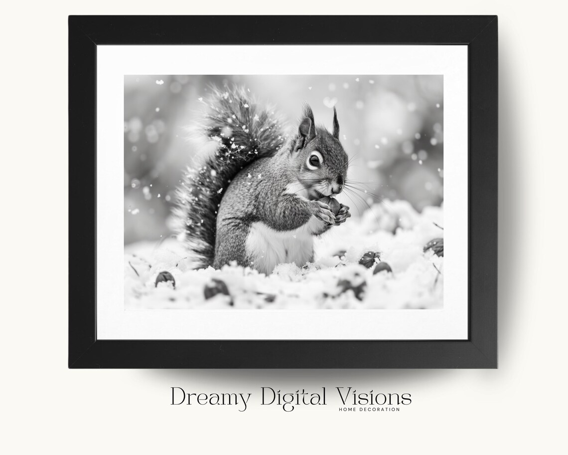 Squirrel Holding Nut in Falling Snow Black and White Winter Poster