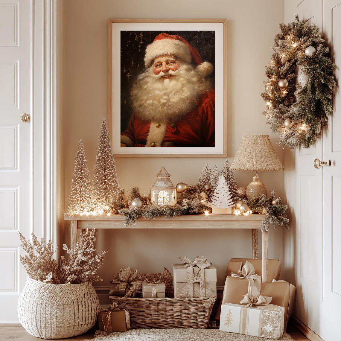 Vintage Father Christmas Smiling Portrait Starry Night Poster - Image 2