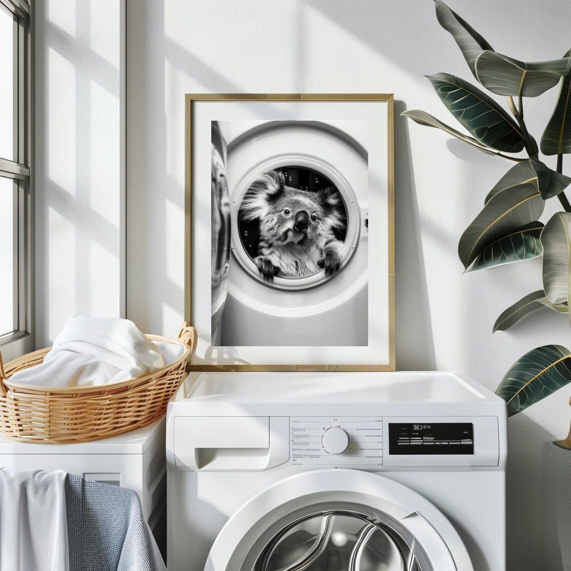 Koala In Washing Machine Poster Funny Laundry Room Black And White Photo Decor - Image 2