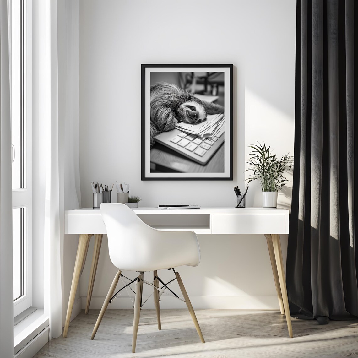 Funny Sloth Asleep On Keyboard Home Office Print - Image 2