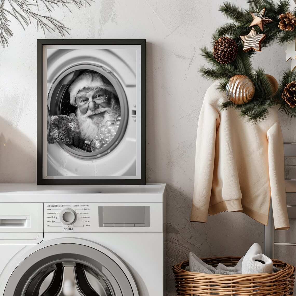 Funny Santa Claus Stuck in a Washing Machine Black and White Poster - Image 2