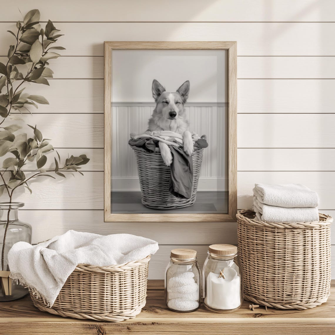 Funny Dog Sitting in a Laundry Basket Black and White Poster - Image 2