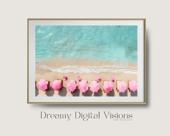 Aerial Beach View with Pink Umbrellas Turquoise Sea Summer Coastal Poster
