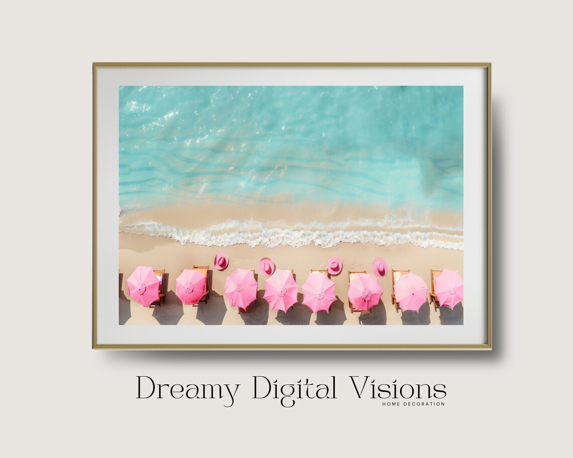 Aerial Beach View with Pink Umbrellas Turquoise Sea Summer Coastal Poster