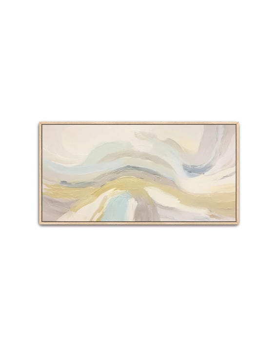 Hand Painted Abstract Acrylic Painting Large Colorful Artwork Wall Art Light Neutral White Ivory Beige Green Textured Framed Decor