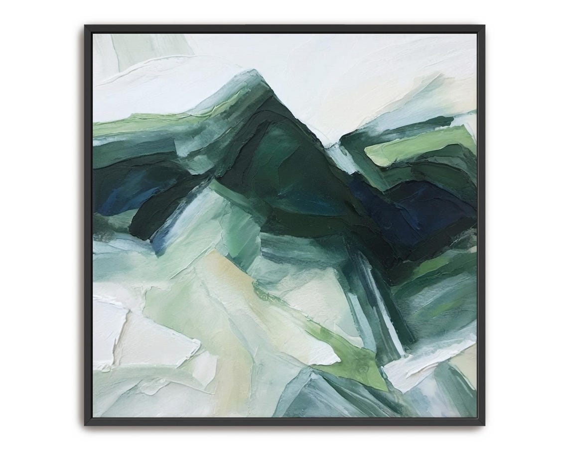 Hand Painted Abstract Acrylic Painting Large Artwork Wall Art Pastel Light Green Deep Dark White Beige Textured Framed Wall Decor