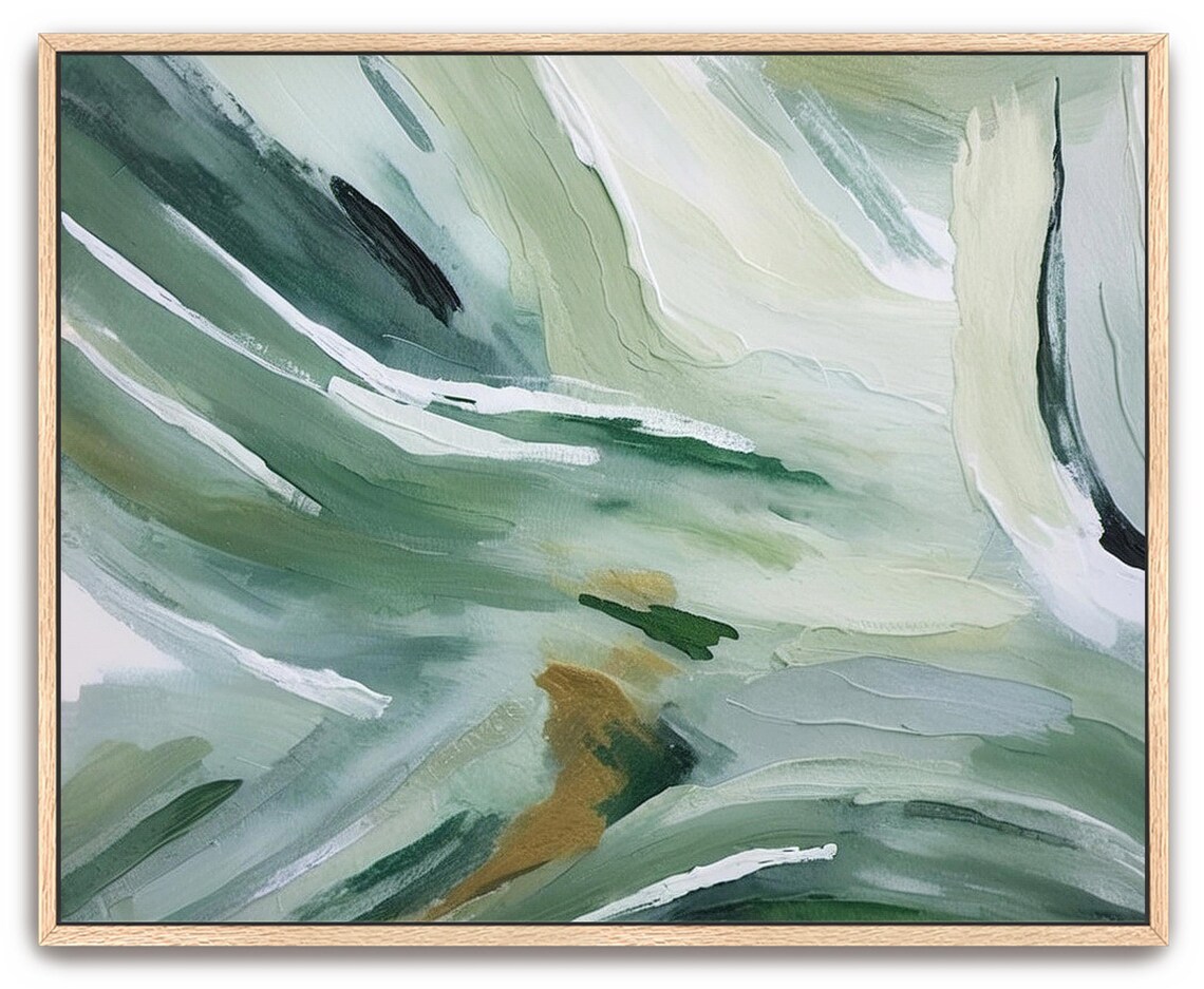 Hand Painted Abstract Acrylic Painting Large Artwork Wall Art Light Pastel Deep Olive Forest Green White Textured Framed Wall Decor - Image 3