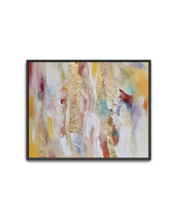 Hand Painted Abstract Acrylic Painting Large Artwork Art Colorful Multicolored Gold Yellow Red Pink White Textured Framed Wall Decor