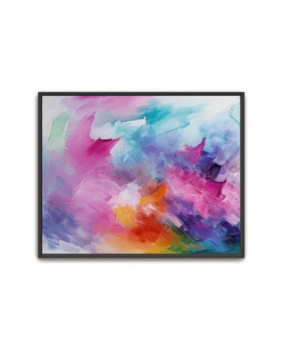 Hand Painted Abstract Acrylic Painting Large Artwork Wall Art Pink Purple Blue Orange Colorful Rainbow Textured Framed Wall Decor