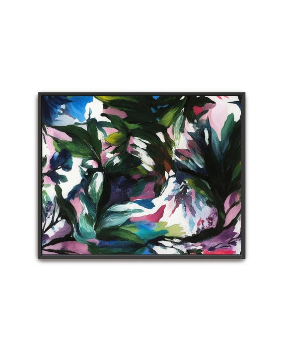 Hand Painted Abstract Acrylic Painting Large Artwork Art Black White Green Blue Pink Tropical Colorful Textured Framed Wall Decor