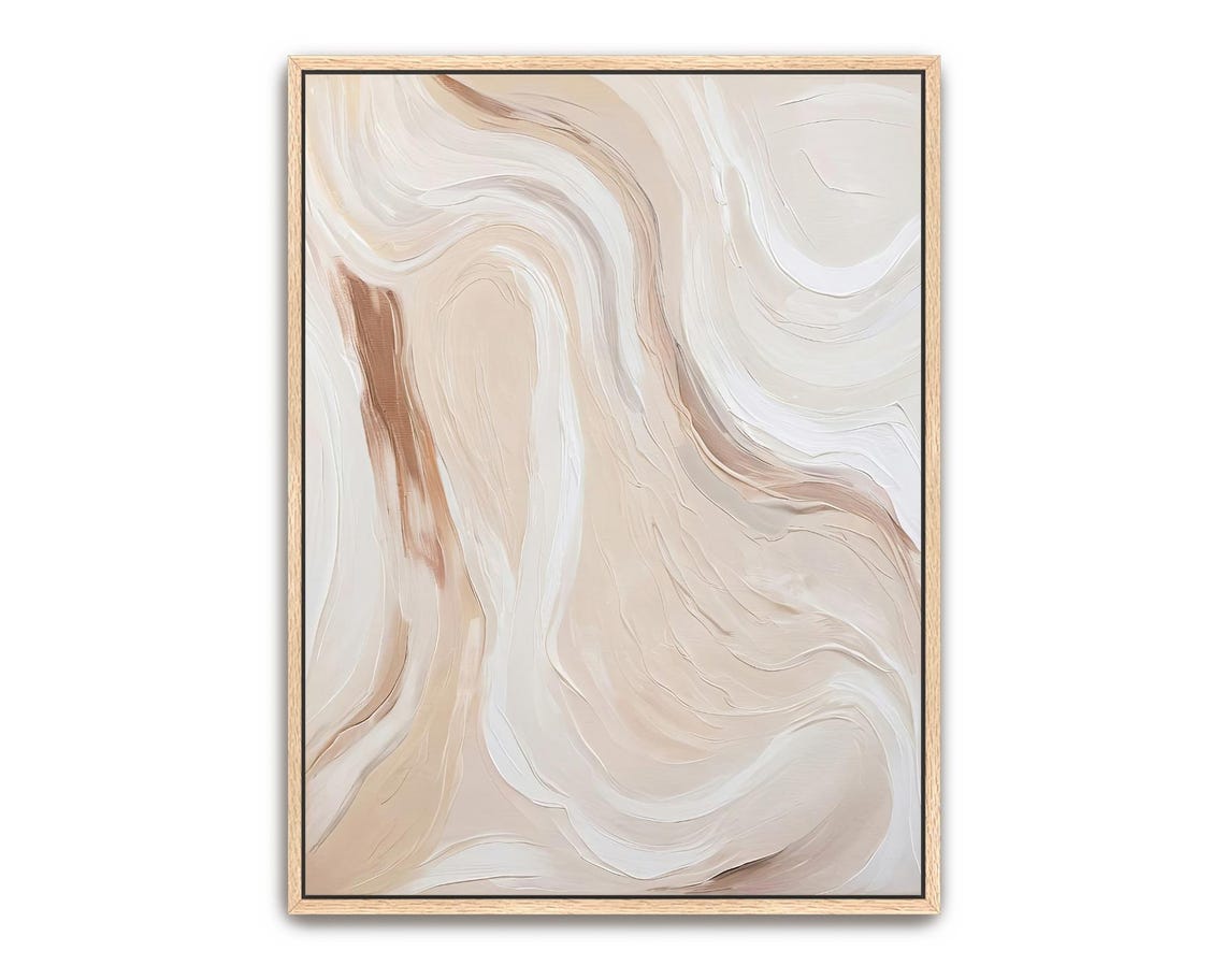 Hand Painted Abstract Acrylic Painting Large Artwork Wall Art Light Beige Neutral Tan White Ivory Sand Textured Framed Wall Decor